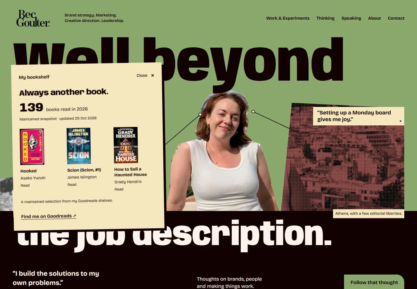 The homepage with the bookshelf interaction open, revealing Bec’s reading interests.