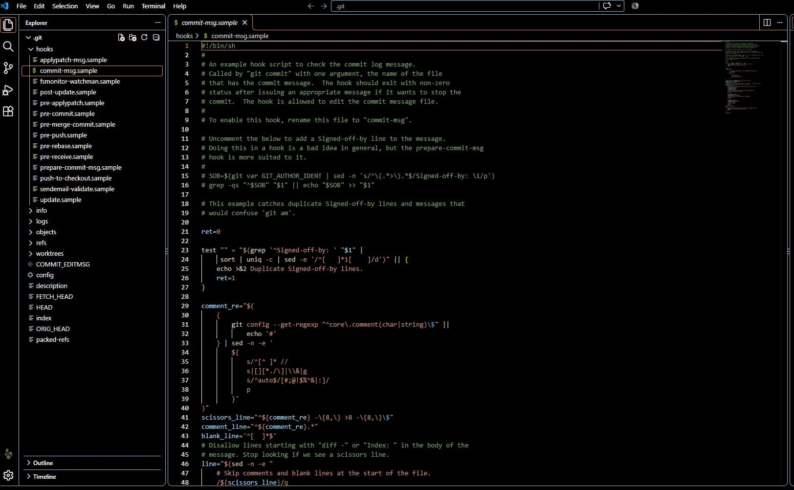 Bec’s supplied Visual Studio Code screenshot showing the sample Git commit-message hook and repository folders.