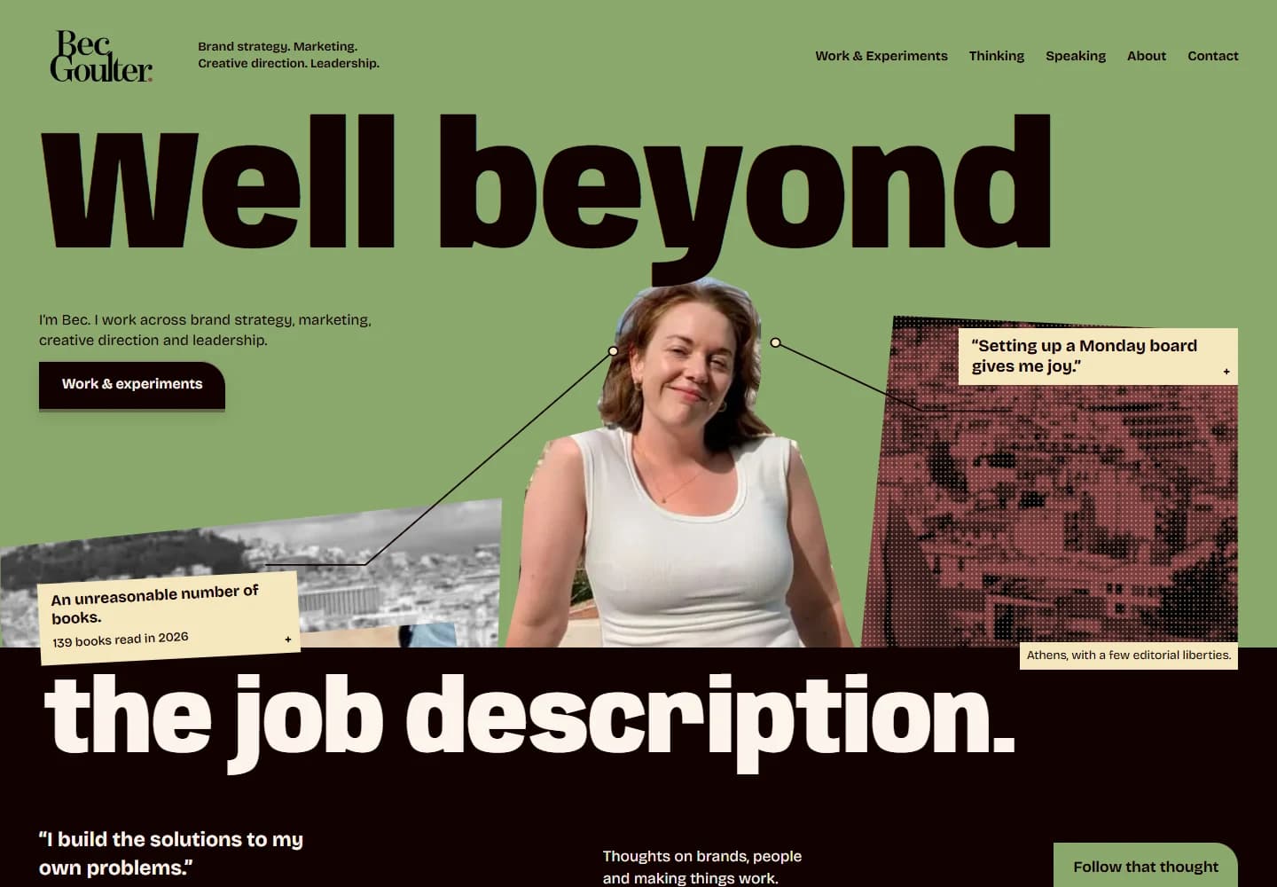 The finished Bec Goulter homepage: expressive Anybody lettering, an Athens portrait collage, book notes and observations on green and ink fields.