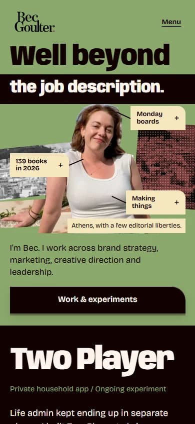 The finished homepage on mobile, with its own stacked typography and portrait composition.