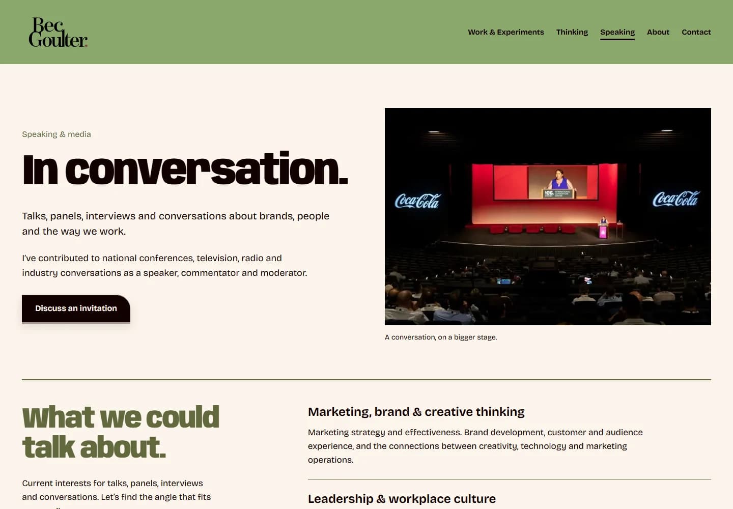 The finished Speaking and Media page, presenting a curated selection of appearances.