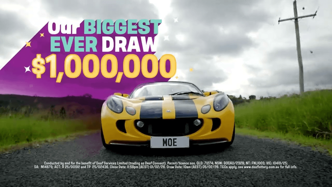 Later Deaf Lottery campaign creative showing a yellow sports car and the headline ‘Our biggest ever draw $1,000,000’