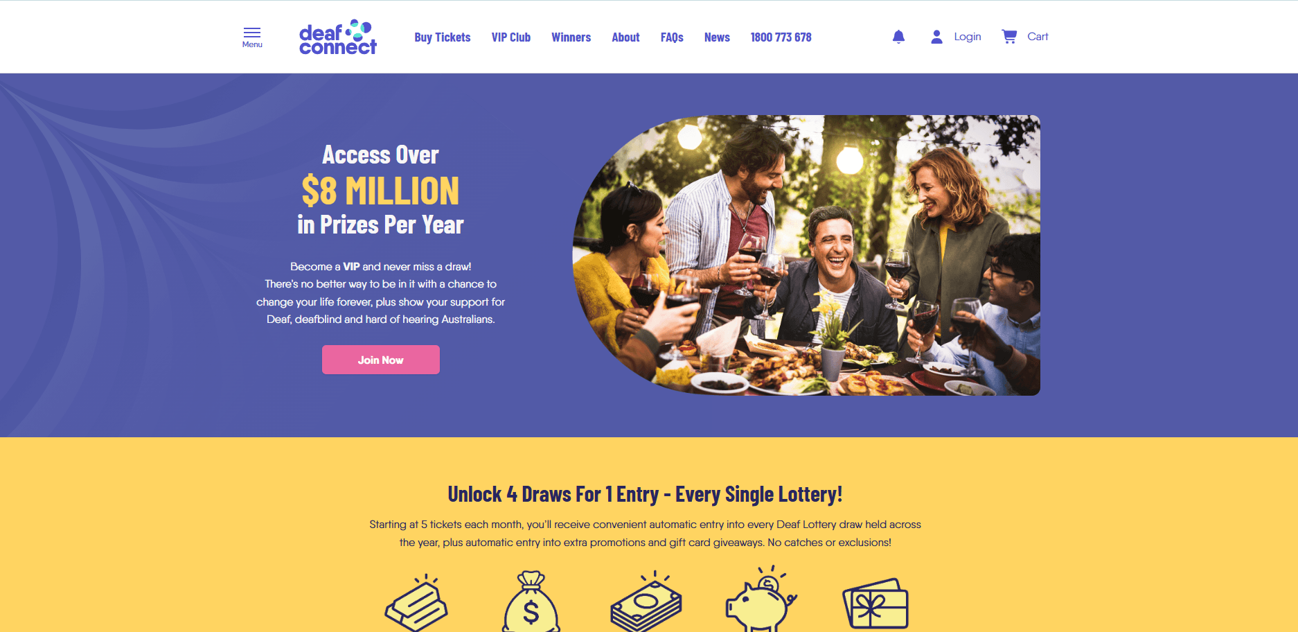 Updated Deaf Lottery VIP Club page, with condensed prize headings, a curved group photograph on a purple field and a yellow benefits section below
