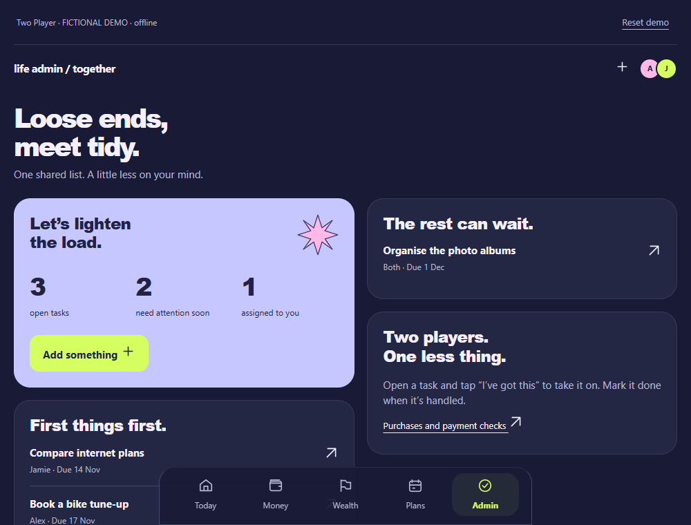 Fictional Admin view showing shared task counts and priorities.
