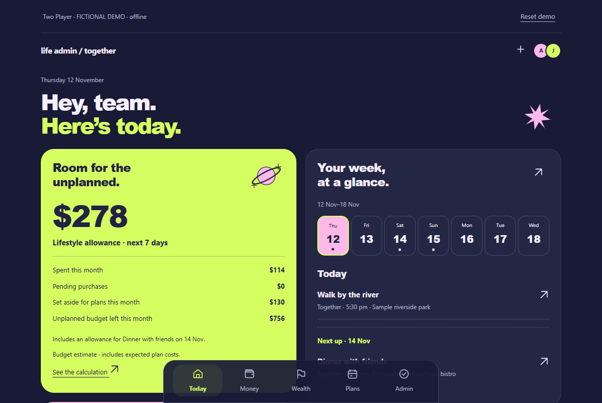 Two Player’s Today view, showing a shared week and a plan allowance.